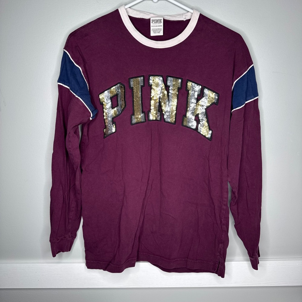 Victoria's Secret PINK Bling Long Sleeve T-Shirt‎ XS Maroon Sequin Logo READ